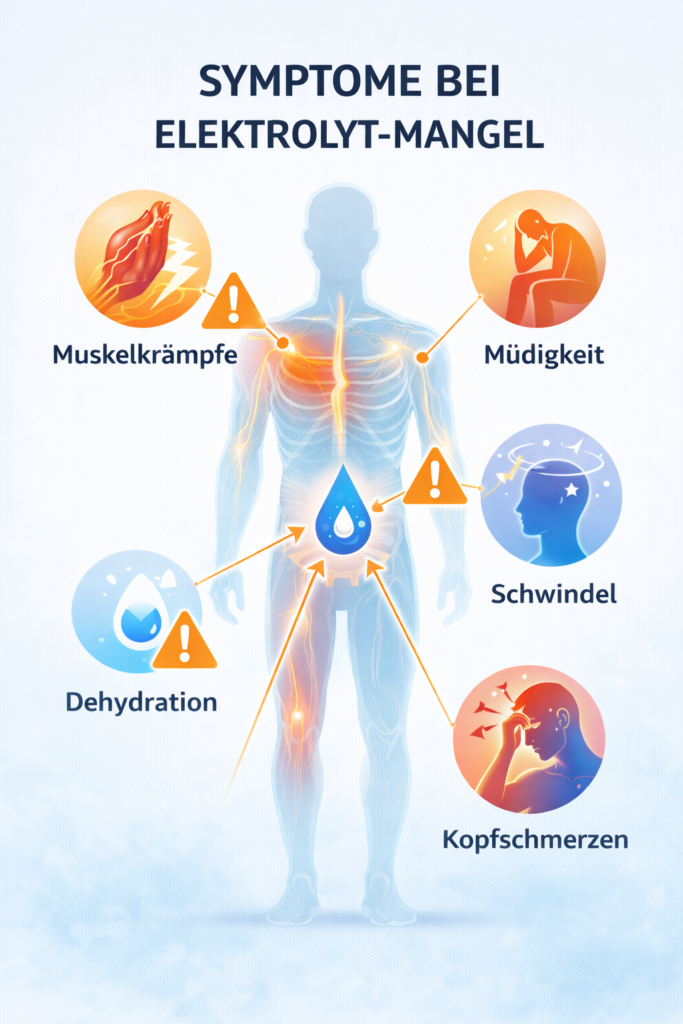 Symptome bei Elektrolyt Mangel wie Muskelkrämpfe Müdigkeit Schwindel