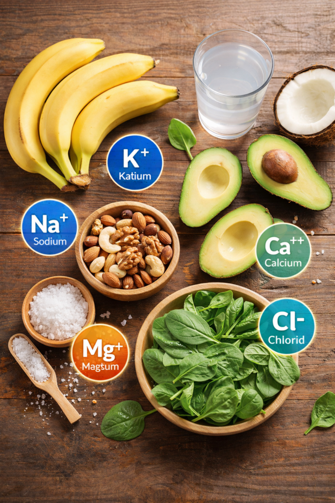 Lebensmittel mit Elektrolyten wie Banane Avocado Nüsse und Salz